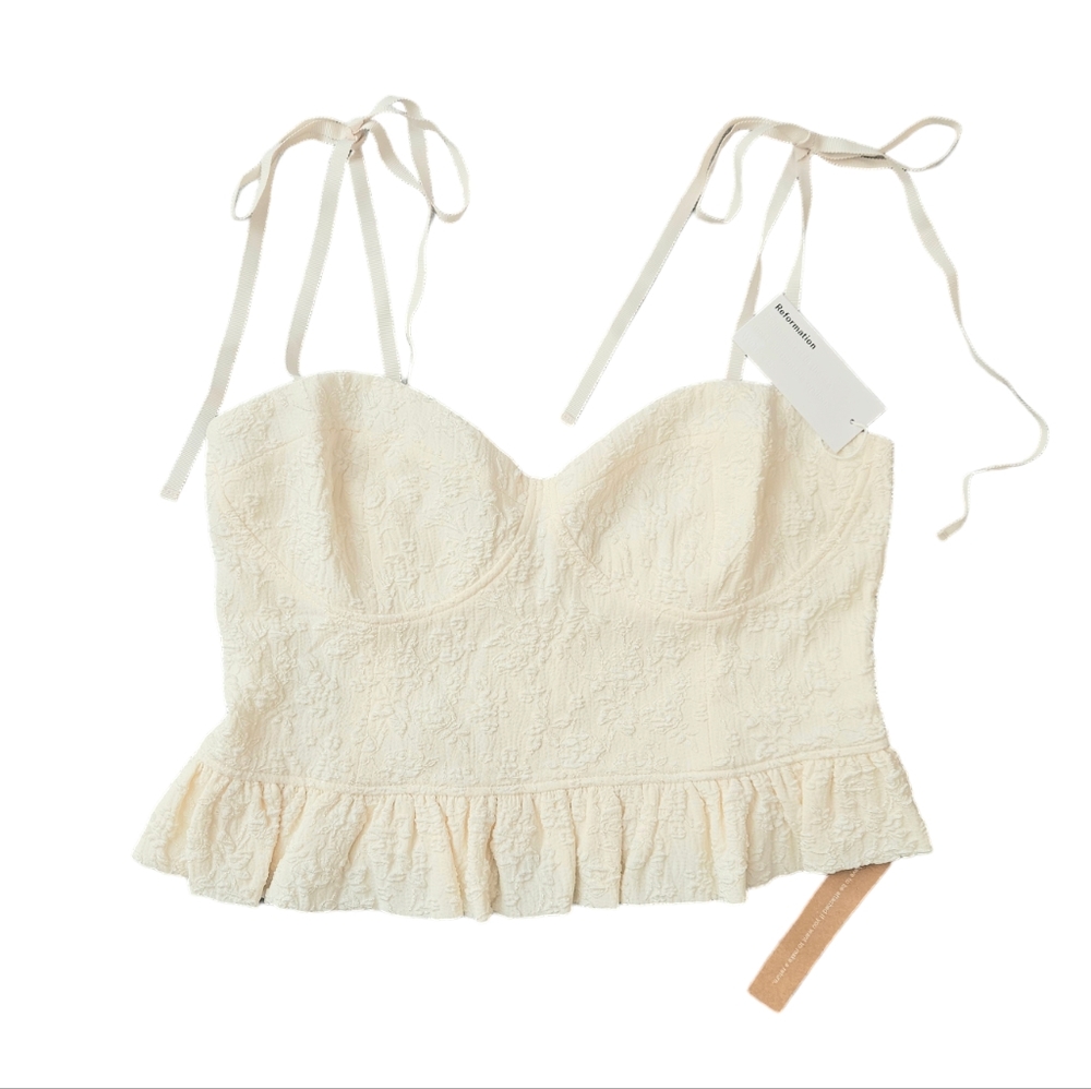 Reformation Cream Ruched Bustier Crop Top with Ruffle Hem